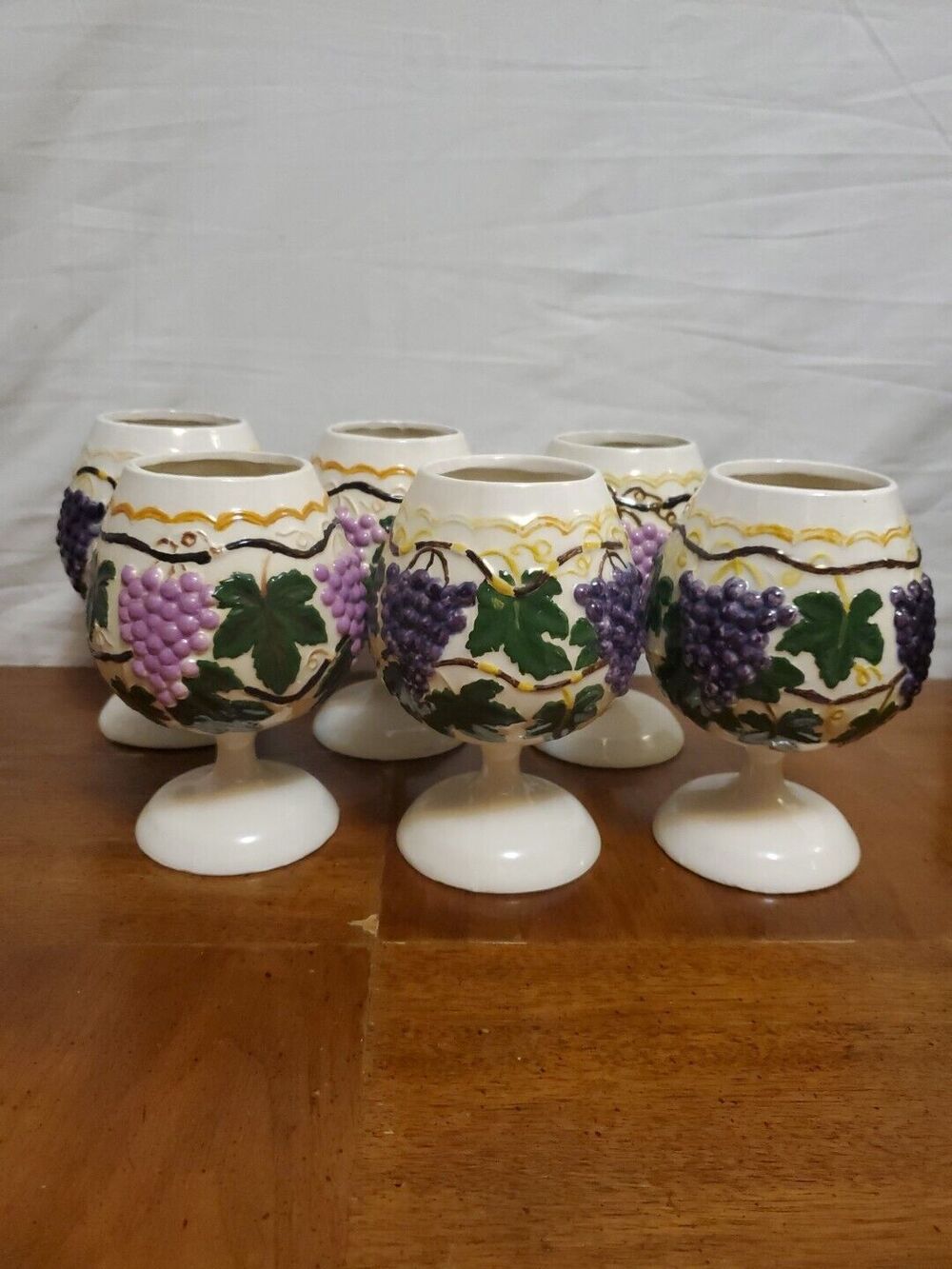 Arnels Ceramic Wine Goblet Glasses Set Of 6 Purple Grapes Green Vines Embossed